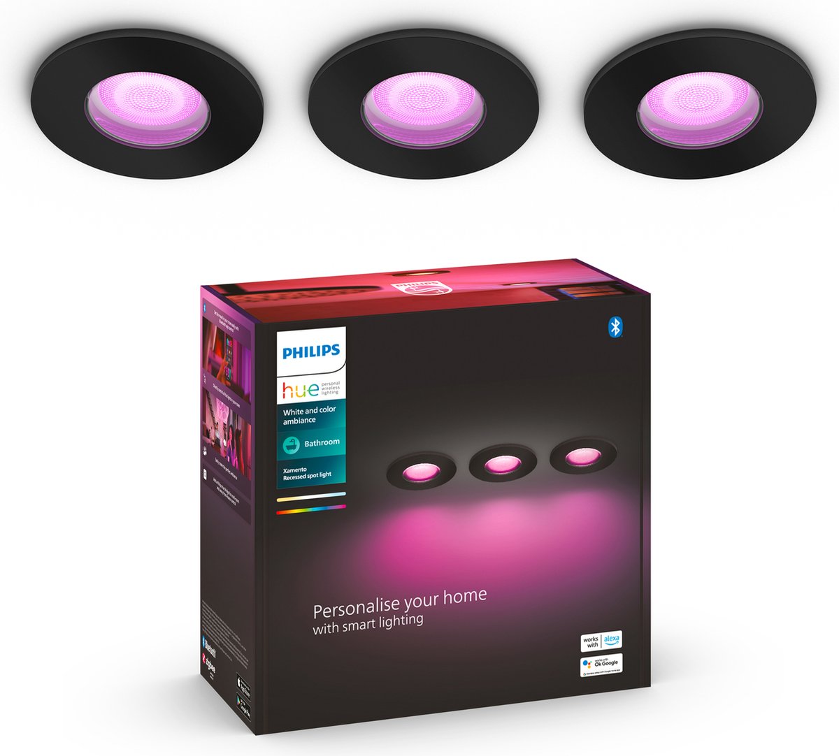 Philips hue xamento badkamerinbouwspot - wit en gekleurd licht - 3-pack - zwart - rond