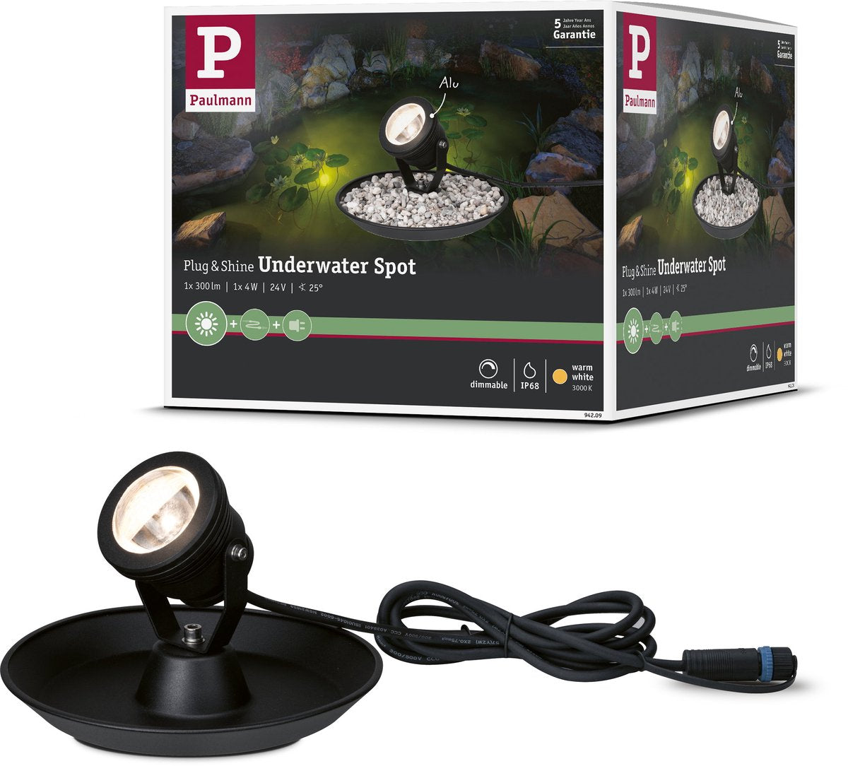 Paulmann plug shine led-spot vijverlamp losse spot ip68 3000k 4w zwart