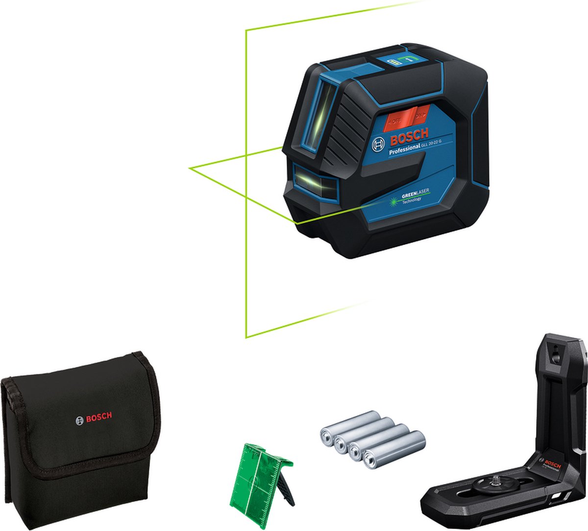 Bosch professional gll 20-22 g - lijnlaser - (4x batterij 1,5v lr6 (aa), laserrichtbord, houder lb10, alkalinebatterij-adapter, tas)