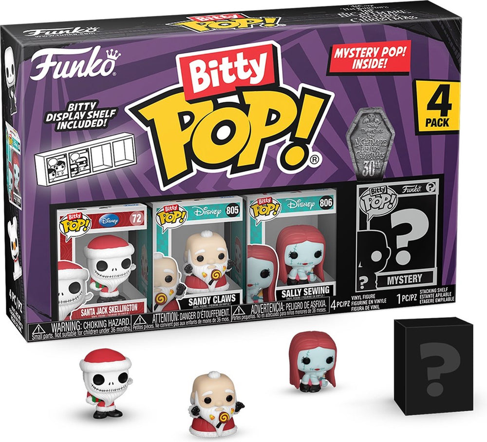 Funko the nightmare before christmas santa jack skellington, sandy claws, sally sewing + mystery figure (bitty pop! 4 pack)