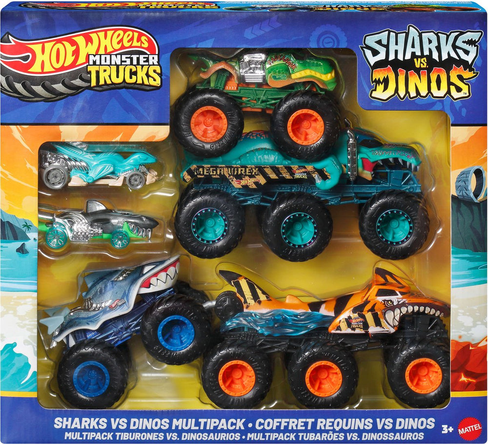 Hot wheels monster trucks sharks vs dinos multipack, voertuigenset, 3 jaar, metaal, kunststof, meerkleurig