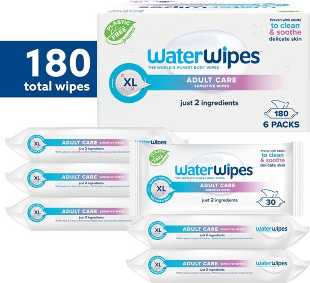 Waterwipes body intimate - 99,9% water - voor incontinentie - 6 x 30 - 180 doekjes voor volwassenen