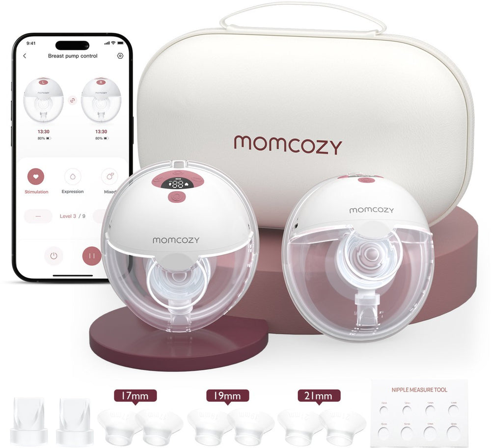 Momcozy m5 smart – handsfree borstkolf – 2 stuks – elektrisch – stil compact – met borstschild inserts - wit rood