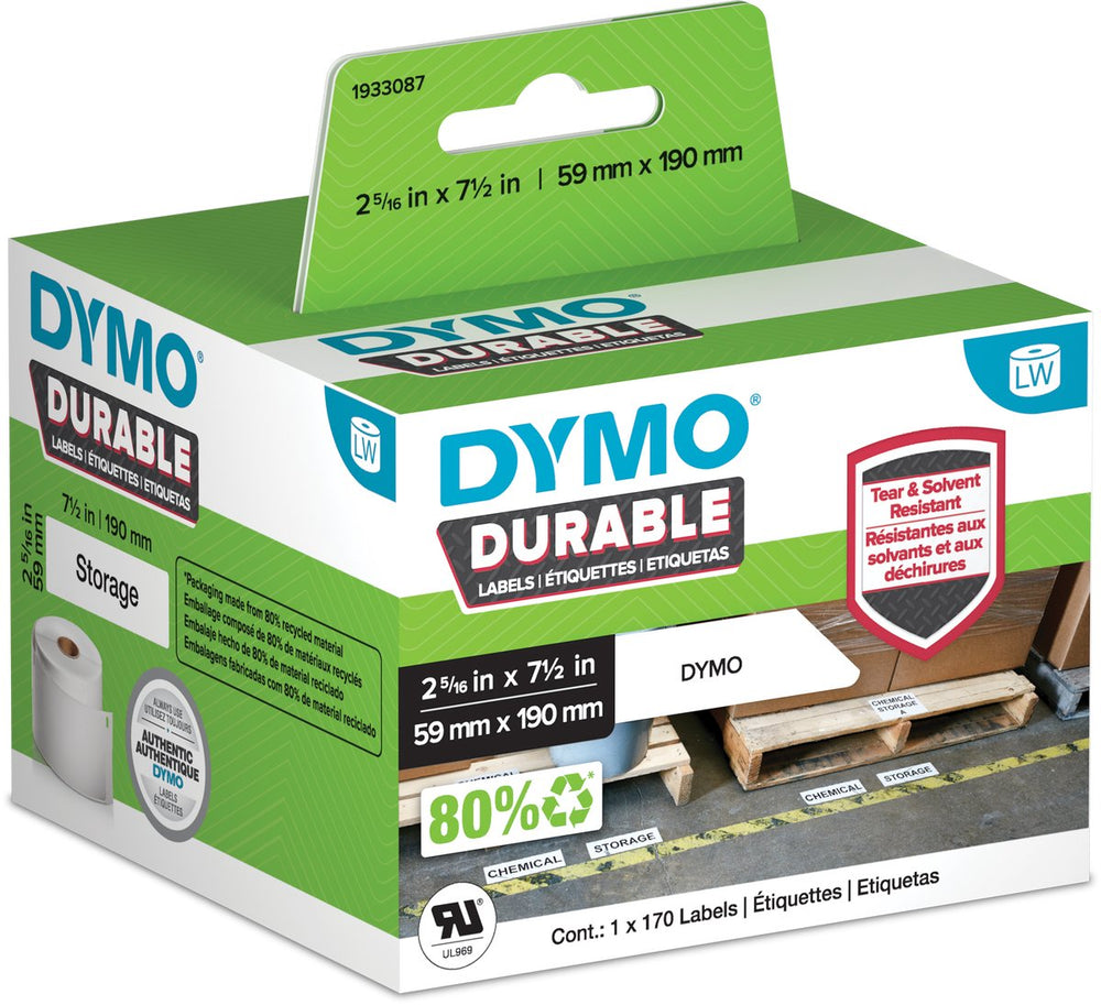 Dymo originele duurzame labelwriter labels | 59 mm x 190 mm | witte poly | 170 grote zelfklevende etiketten | stevige labels voor de labelwriter labelprinters