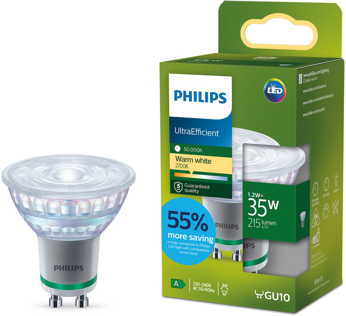 Philips led philips ultraefficient led spot - 35w - gu10 fitting - warmwit licht: 2700k - verbruikt slechts 1.2 watt - bespaar op energiekosten