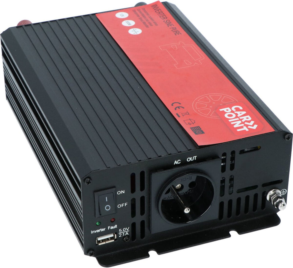 Carpoint omvormer - 12v>230v - zuivere sinus - continu vermogen 500w - piekvermogen 1000 watt – uitgang frans belgisch stopcontact – permanente aansluiting op accu - schokbestendig - temperatuur geregelde koelventilator – afmeting 210x150x70mm
