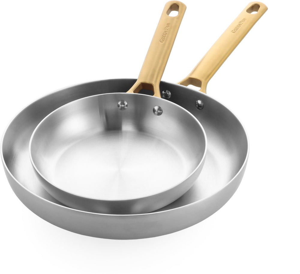 Greenpan padova koekenpannenset 2-delig - 20 28cm - zonder pfas-vrije antikleeflaag - pannenset inductie - rvs pannenset - ovenbestendig tot 220°c - rvs handgrepen – zilver