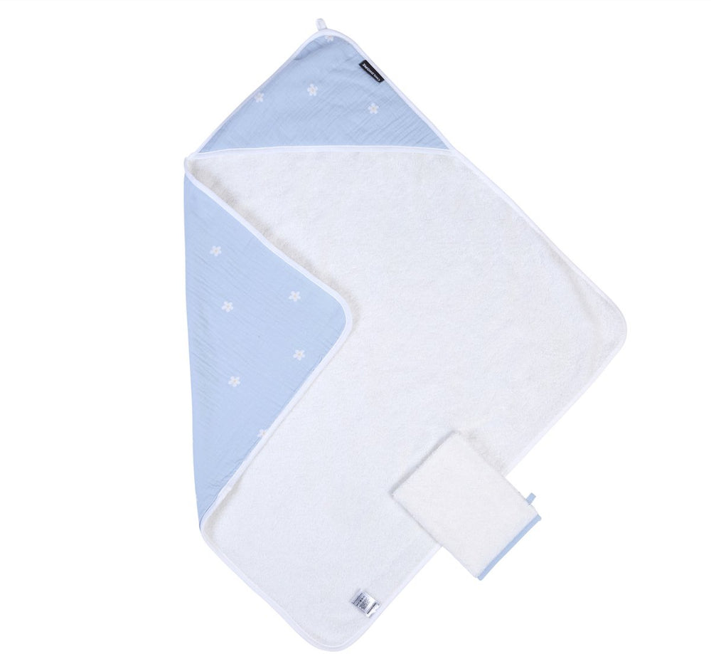 Childhome badcape + washandje – flower collection – 80x80 cm – wit blauw – extra zacht absorberend – 100% katoen