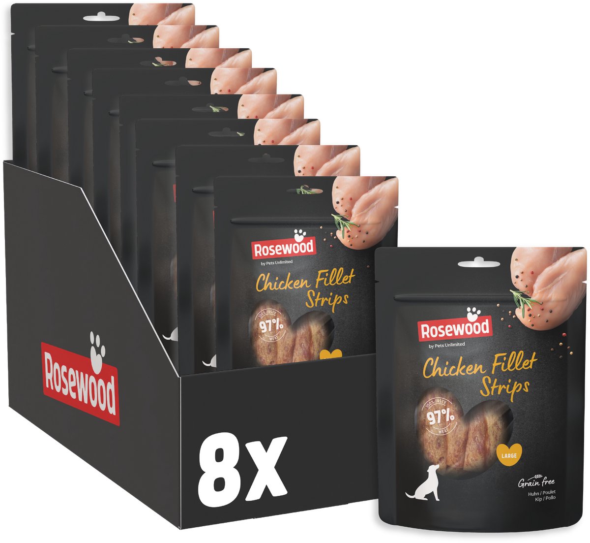 Rosewood chicken fillet strips large - hondensnack - 97% kip - eiwitrijk en vetarm - 8 x 150 g