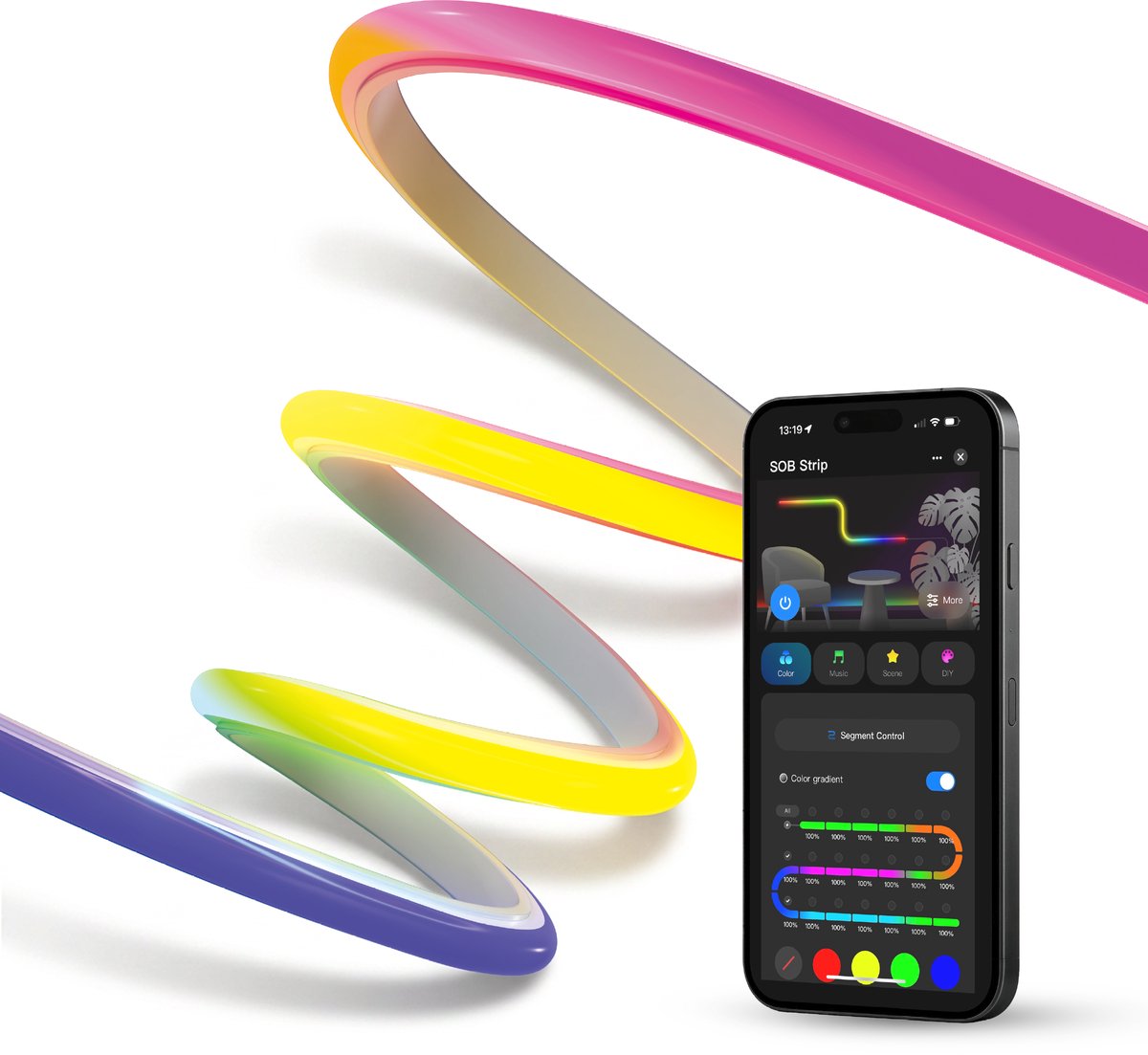 Calex smart sob led strip, 3 meter, rgbic, 16 miljoen kleuren, app bedienbaar, muzieksynchronisatie, dimbaar, wifi 2.4ghz, sfeerverlichting