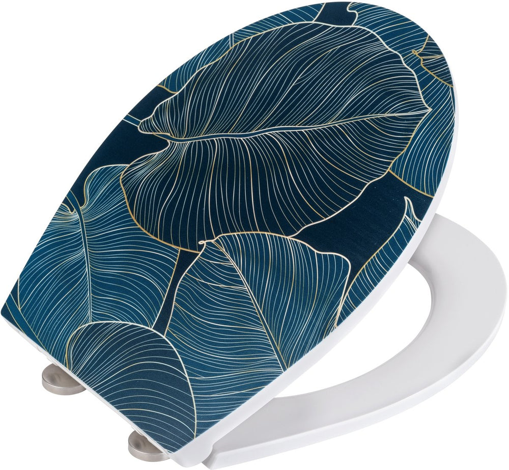 Wenko wc bril leaves - antibacterieel duroplast met structuurprint - easy-close softclose sluiting - fix-clip bevestiging afklikbaar in rvs - toiletbril decor met structuur - toiletzitting met print