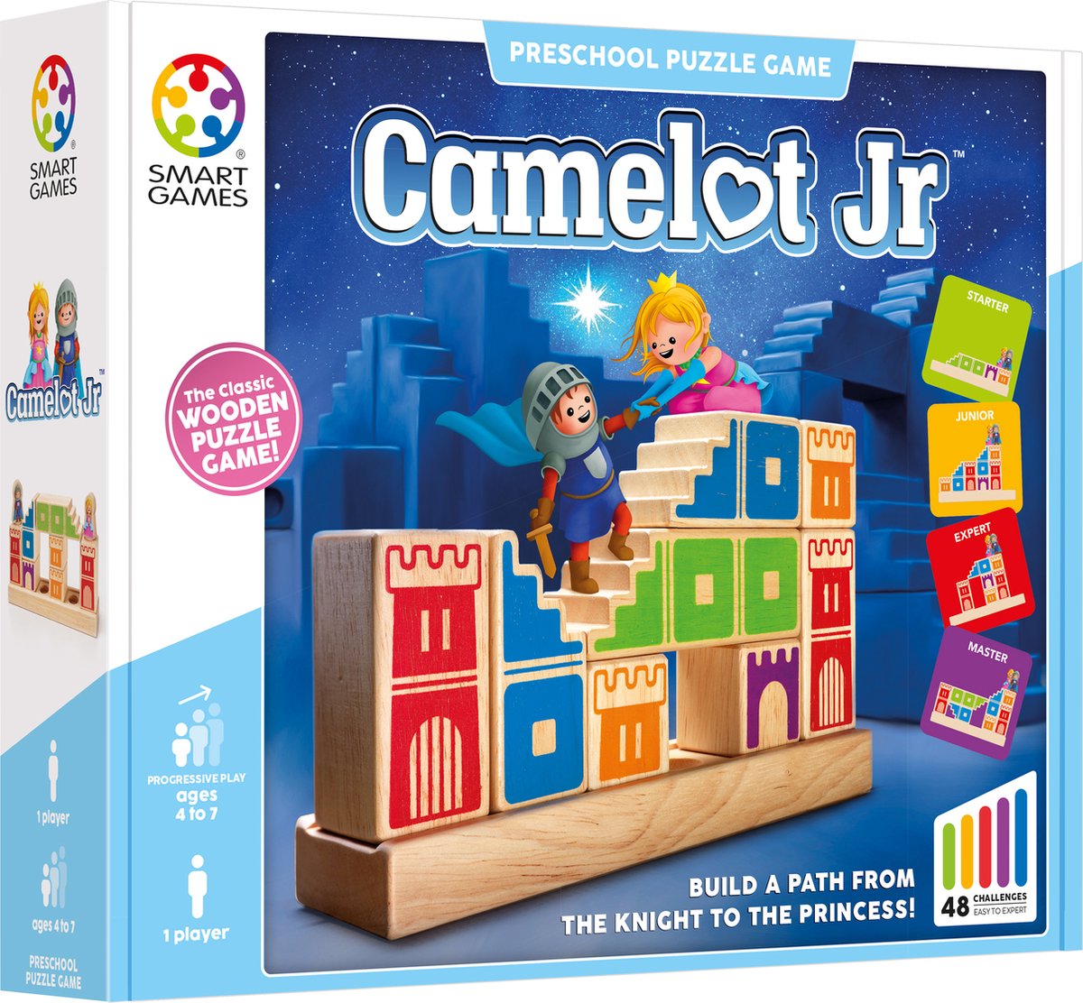 Smartgames camelot jr. - houten logisch denkspel - 48 opdrachten - ruimtelijk inzicht - educatief solospel - vanaf 4 jaar - ridder en prinses - kasteel