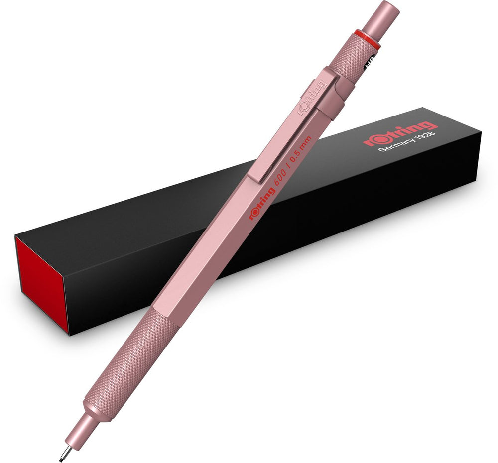 Rotring 600 vulpotlood | hb stift, 0,5 mm | volledig metalen behuizing | roségoud | antislip gekartelde grip zeshoekige houder