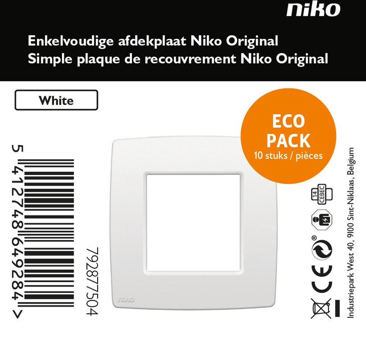 Niko original white afdekplaat - enkelvoudig - 10 stuks