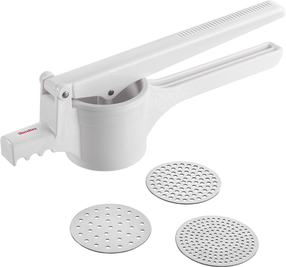 Metaltex - aardappelstamper - pureestamper - 3 verwisselbare rvs schijven - 36 cm - wit