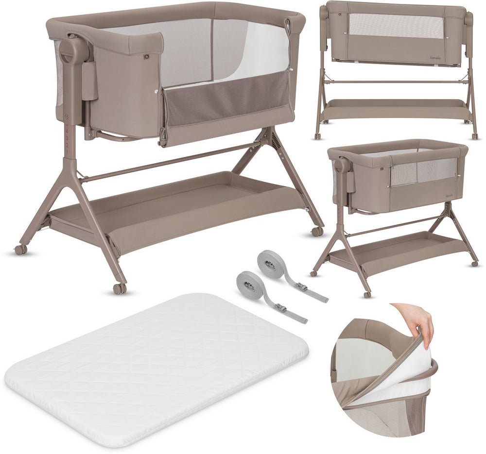 Lionelo leonie plus - co-sleeper 3 in 1 wieg en babybed – kinderbed tot 9 kg – hoogteverstelling in 6 niveaus – schommelfunctie – t25 matras – opbergmand – wielen – afneembare hoezen