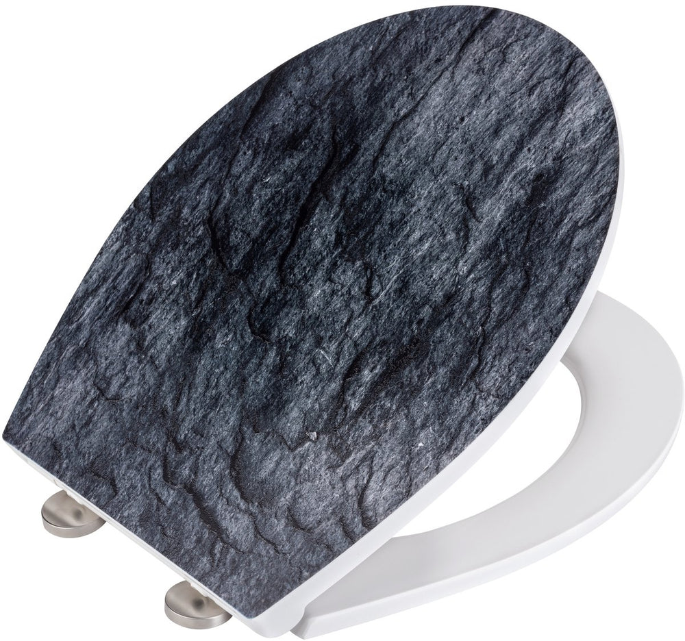 Wenko wc bril slate rock - antibacterieel duroplast met structuurprint - easy-close softclose sluiting - fix-clip bevestiging afklikbaar in rvs - toiletbril decor met structuur - toiletzitting met print