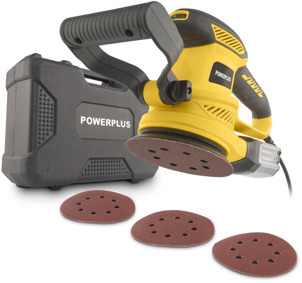 Powerplus elektrische excentrische schuurmachine powx04710 - 450w, schuurpapier ᴓ125mm - 26000min-1, met 6 acc. en opbergkoffer