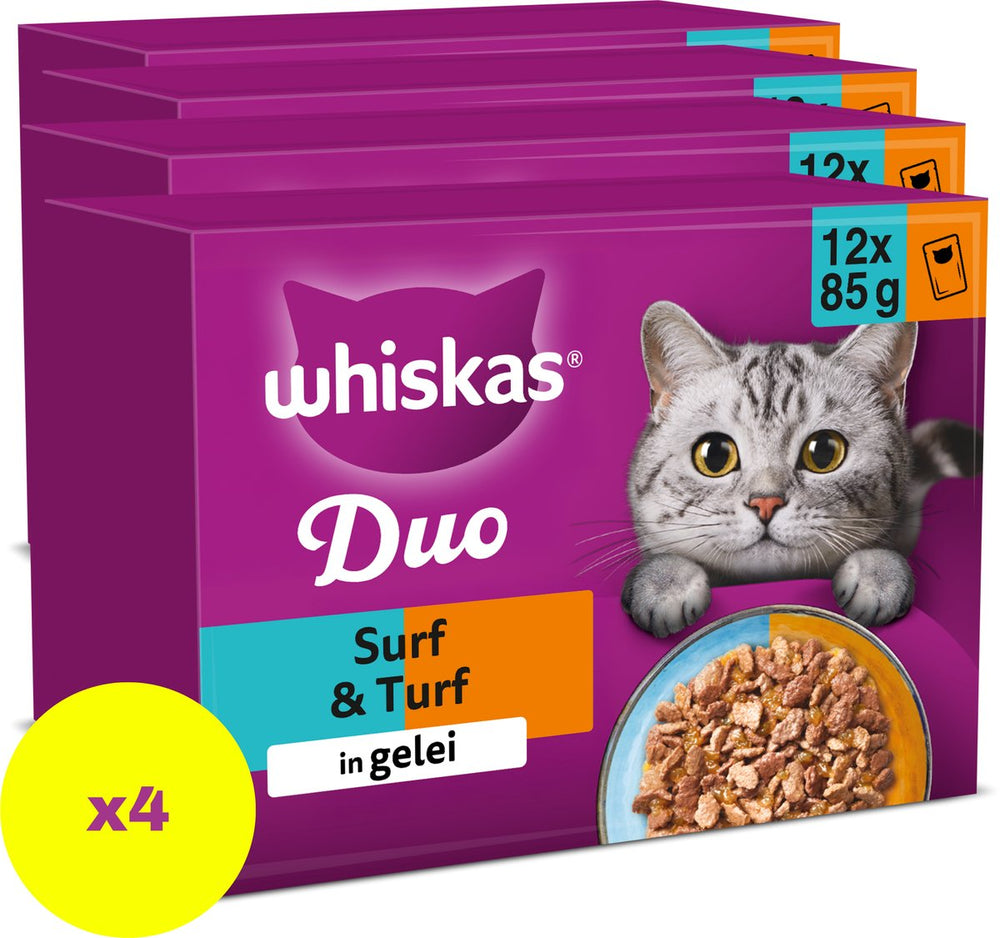 Whiskas kattenvoer - adult 1+ - duo surf turf in gelei - 4x12x85g