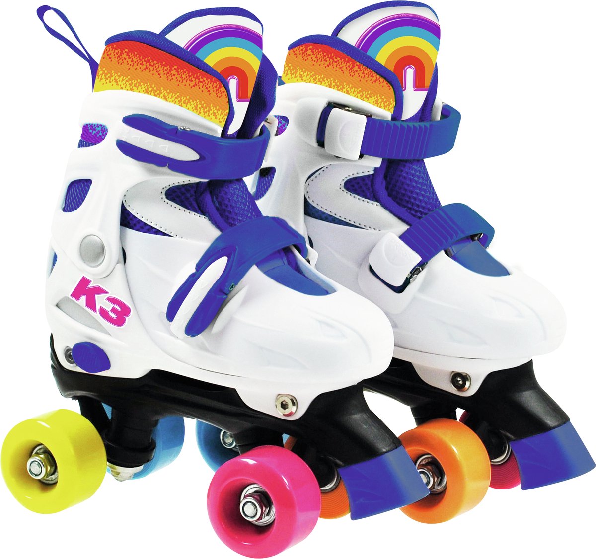 K3 - rolschaatsen - maat 30 33 - verstelbaar in 4 maten - met stopper - wit - regenboog - met wieltjes in 4 kleuren