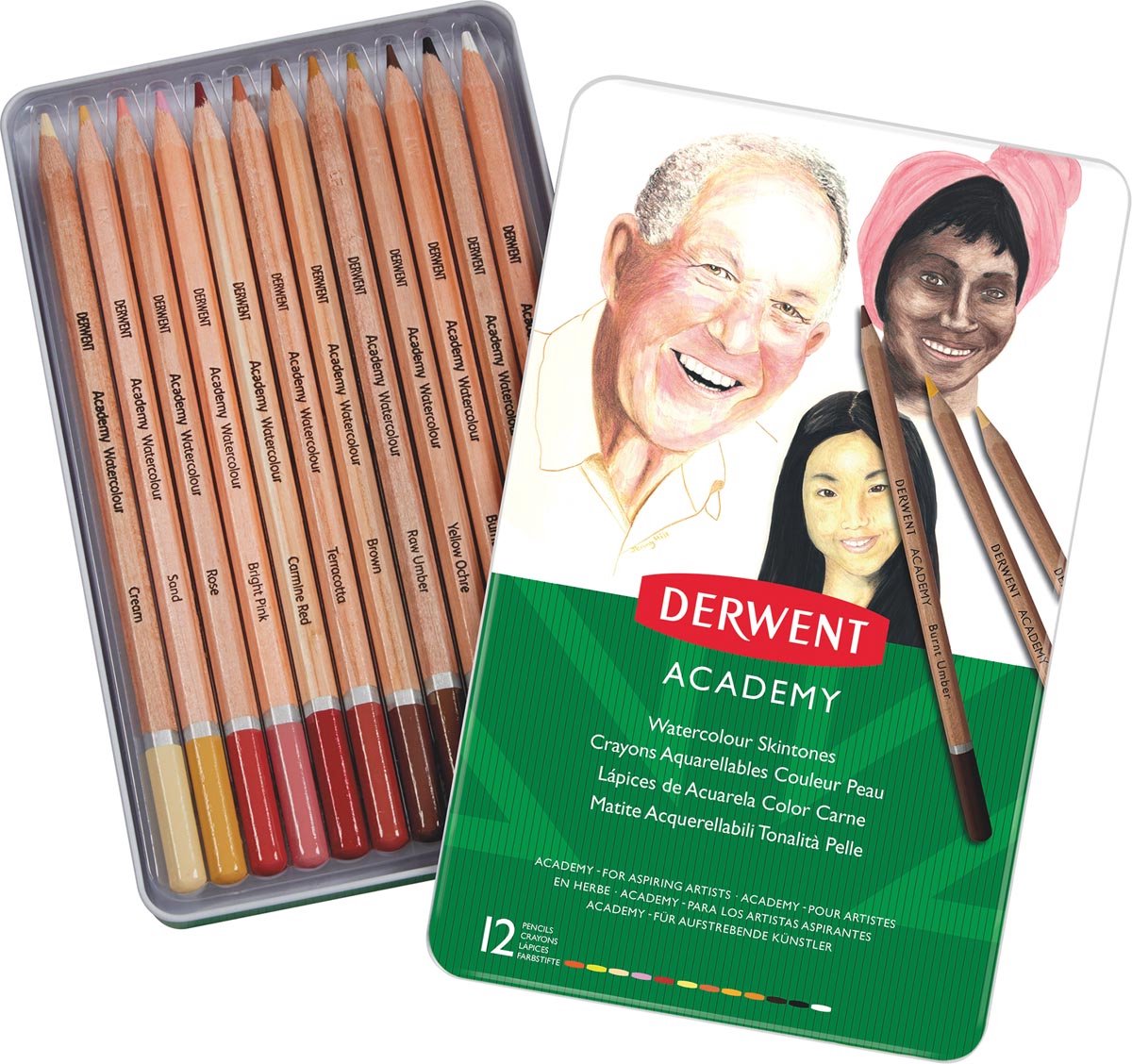 Derwent academy aquarelpotloden huidskleuren van hoge kwaliteit - set van 12 skintones kleurpotloden in blik
