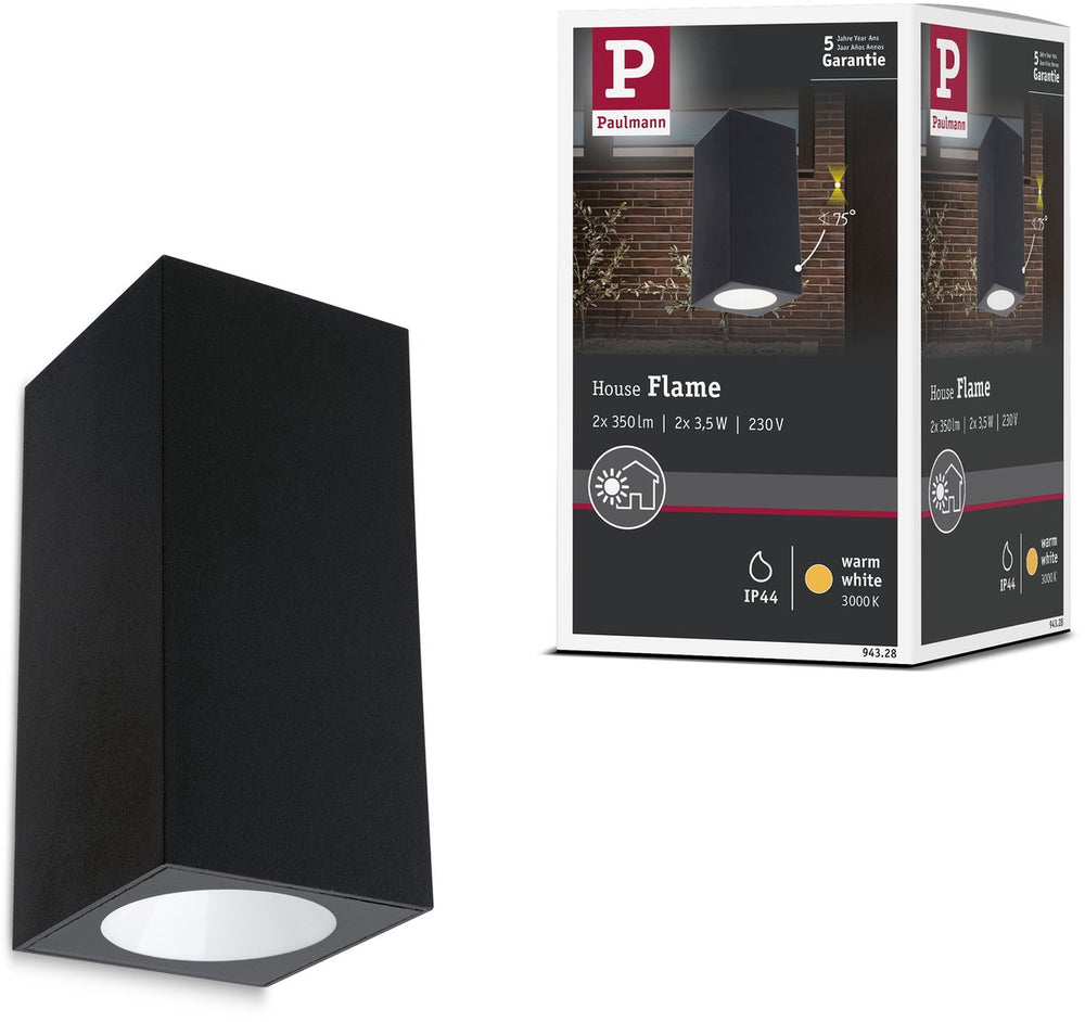 Paulmann led-wandlamp flame ip44 hoekig 58x128 mm 3000k 2x3,5w 2x260lm 230v 75° antraciet aluminium
