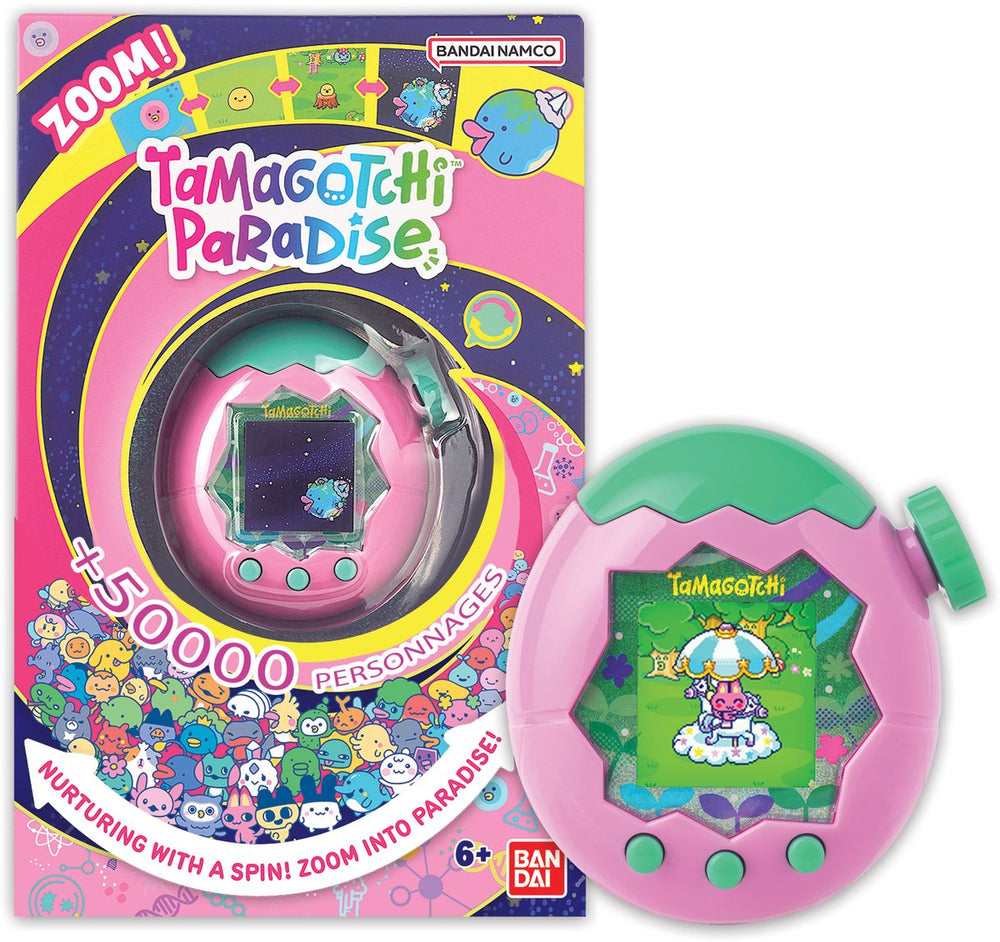 Bandai - tamagotchi paradise earth - virtueel dier om op te voeden - tamagotchi met zoomwiel - interactief speelgoed in het engels - roze en groene aarde model - kinderspeelgoed 6 jaar en + - 43421