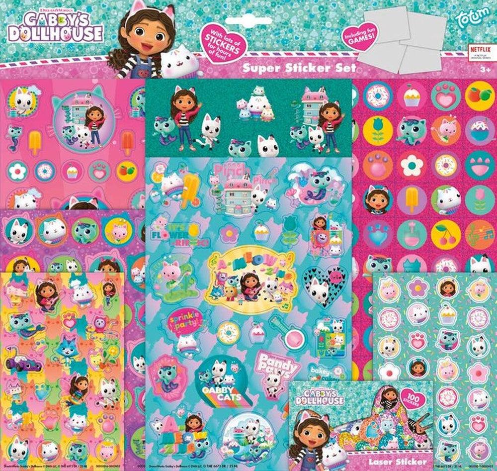 Totum gabby’s poppenhuis super stickerset xl 7 vellen incl. luxe stickers en spelletjes - gabby’s dollhouse speelgoed meisjes en jongens