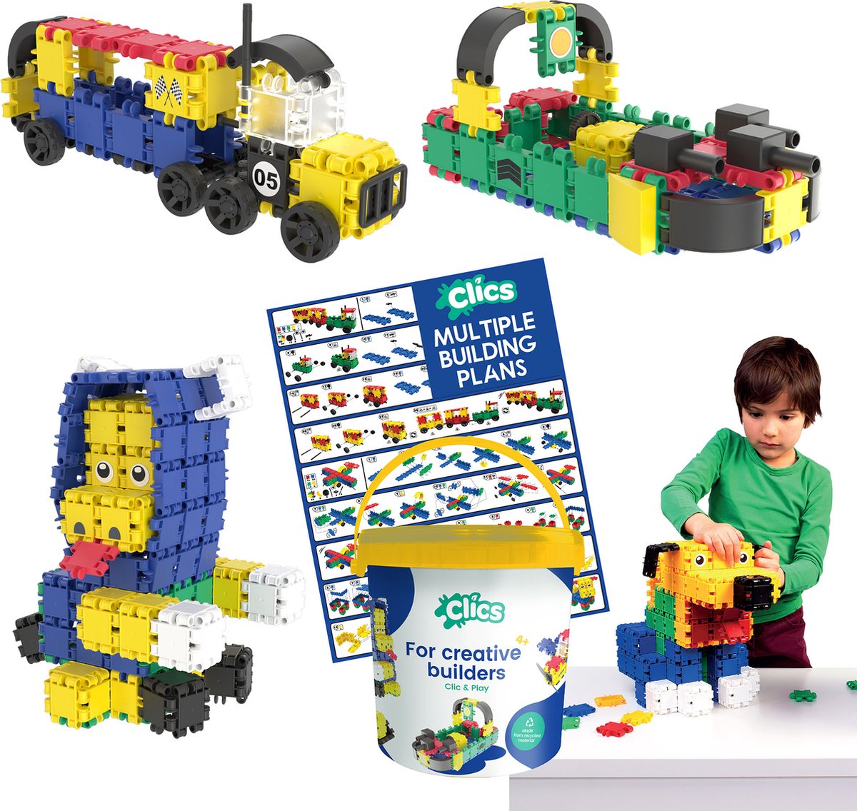 Clics build play 10-in-1 bouwblokken– duurzaam speelgoed gemaakt van gerecycleerde kunststof- bouwset 10 in 1 - speelgoed 4,5,6,7,8 jaar jongens en meisjes- educatief speelgoed- montessori speelgoed- constructie speelgoed