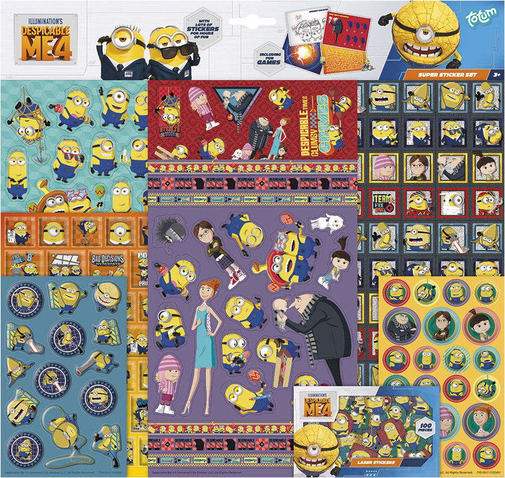 Totum minions stickers super stickerset xl 7 vellen incl. luxe stickers - despicable me 4 - 38 x 36 cm - knutselen speelgoed
