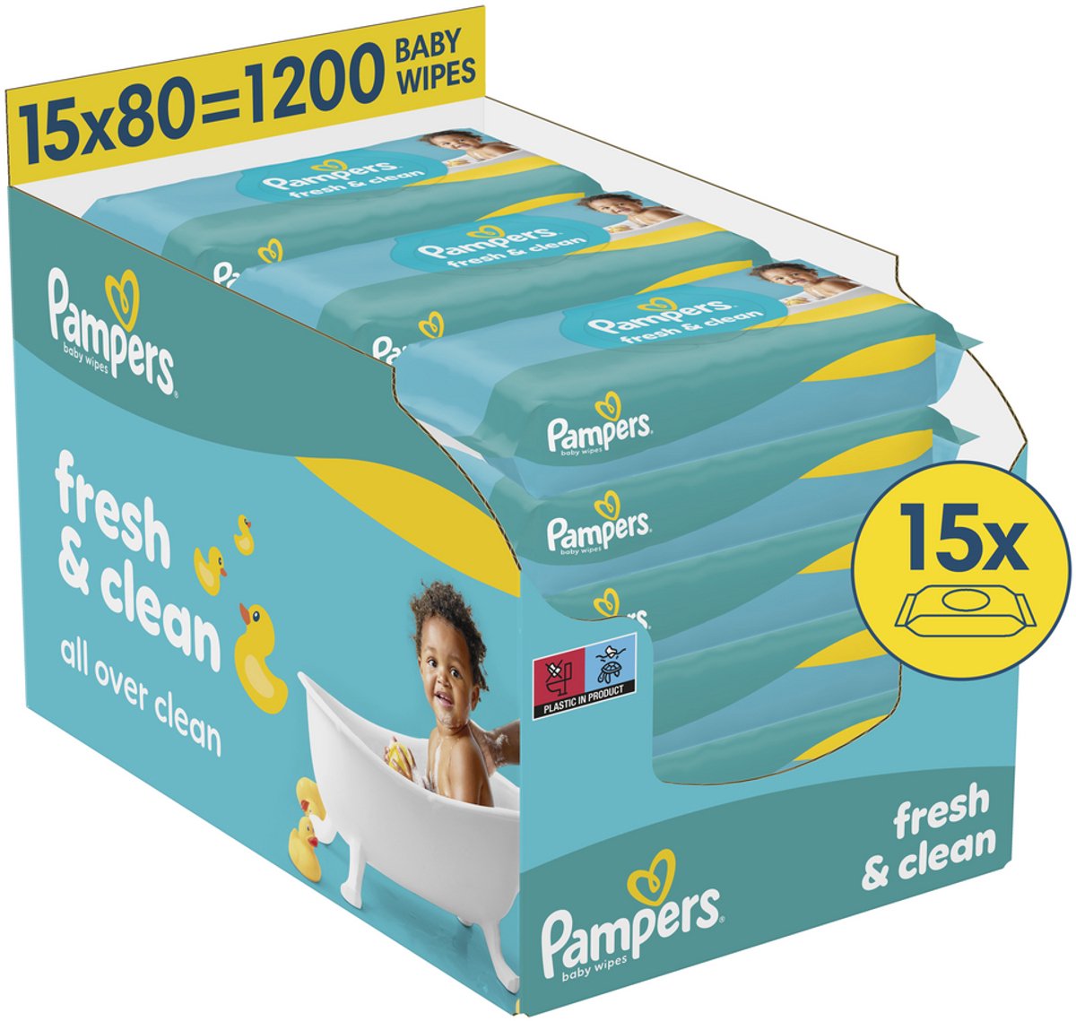 Pampers fresh clean - billendoekjes - zachte en frisse geur - ook voor handjes en gezichtje - 15 verpakkingen van 80 doekjes = 1200 babydoekjes