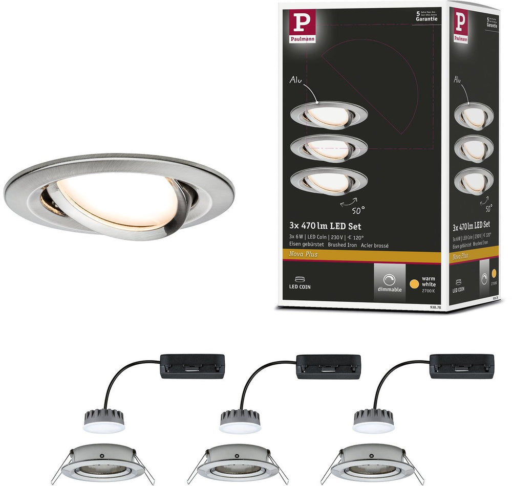 Paulmann led-inbouwlamp nova plus coin basisset zwenkbaar rond 84 mm 50° coin 3x6w 3x470lm 230v dimbaar 2700k staal geborsteld