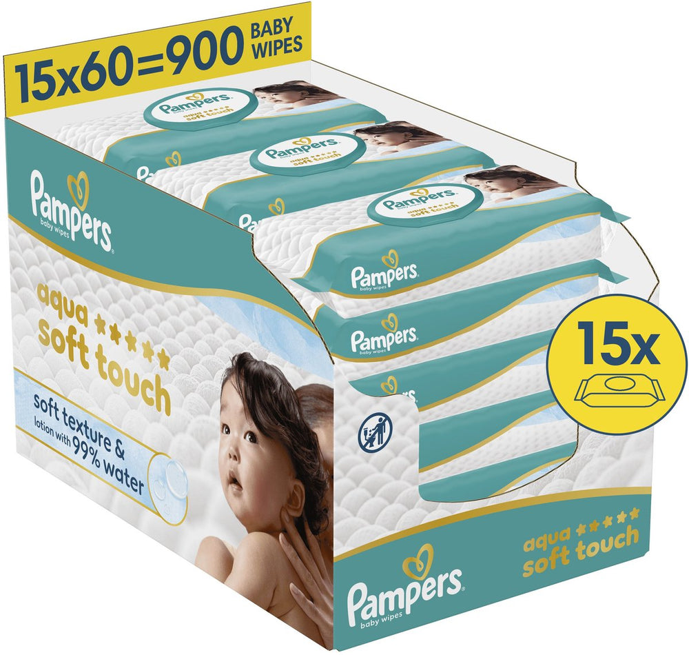Pampers aqua soft touch babydoekjes, 15 verpakkingen van 60 doekjes = 900 doekjes