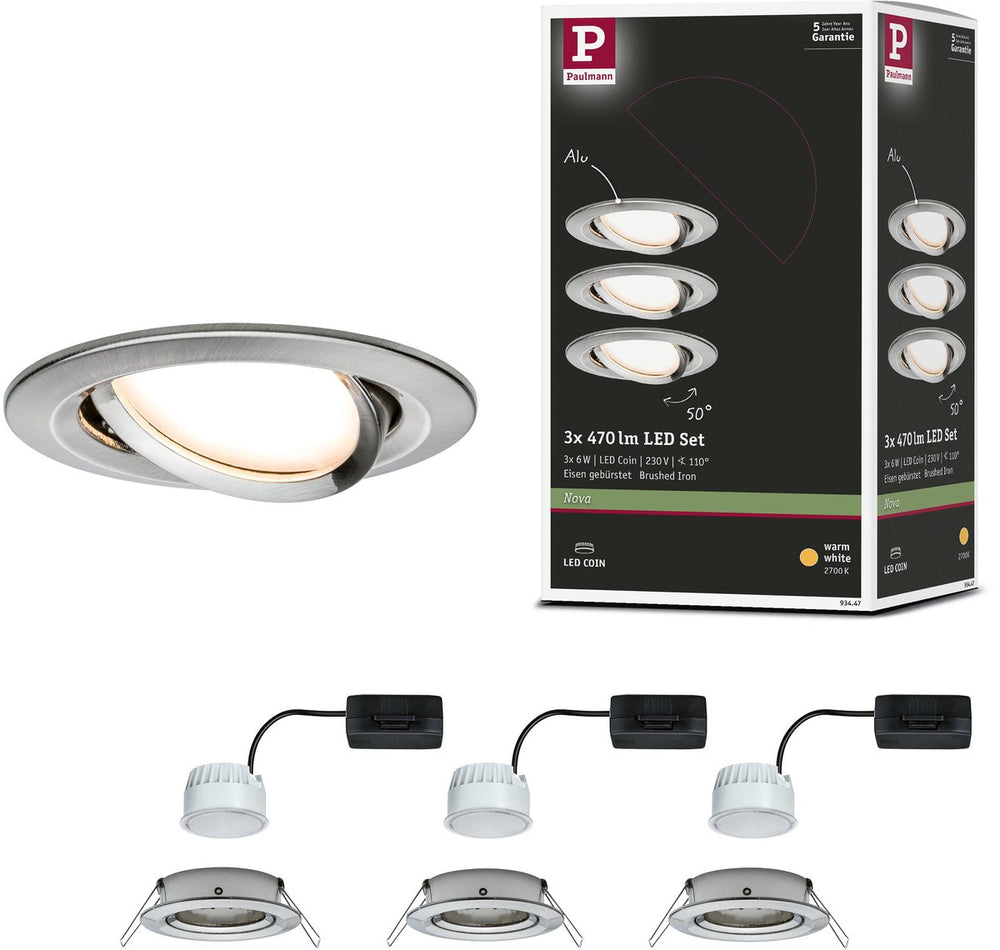 Paulmann led-inbouwlamp nova coin set van 3 zwenkbaar rond 84 mm 50° coin 3x6w 3x470lm 230v 2700k staal geborsteld