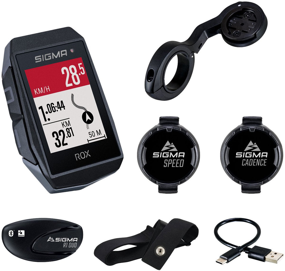 Sigma rox 11.1 evo gps hr + cad snelh set + sb gps+ant+ble riem+usb-c