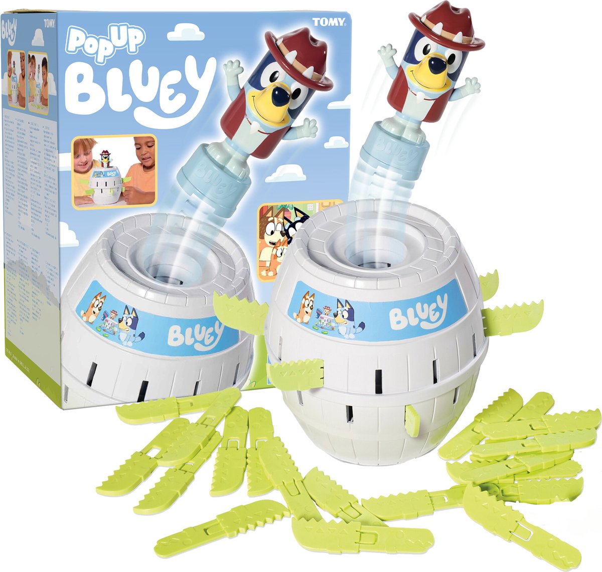 Tomy pop-up bluey in het ton kinderspel