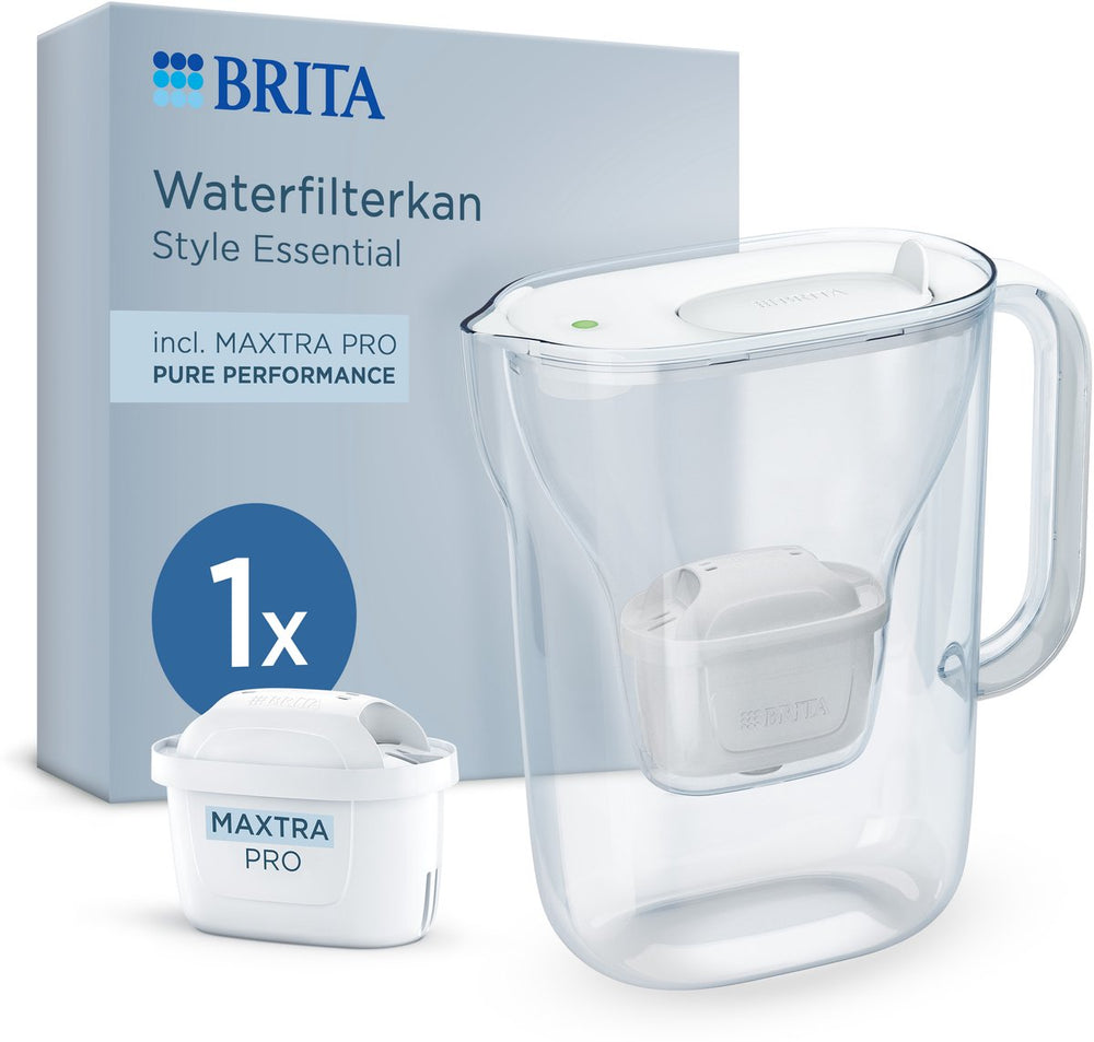 Brita waterfilterkan style essential cool - 2,4l - wit - incl. 1x maxtra pro pure performance waterfilterpatronen - past in de koelkast, met smart led light klapdeksel