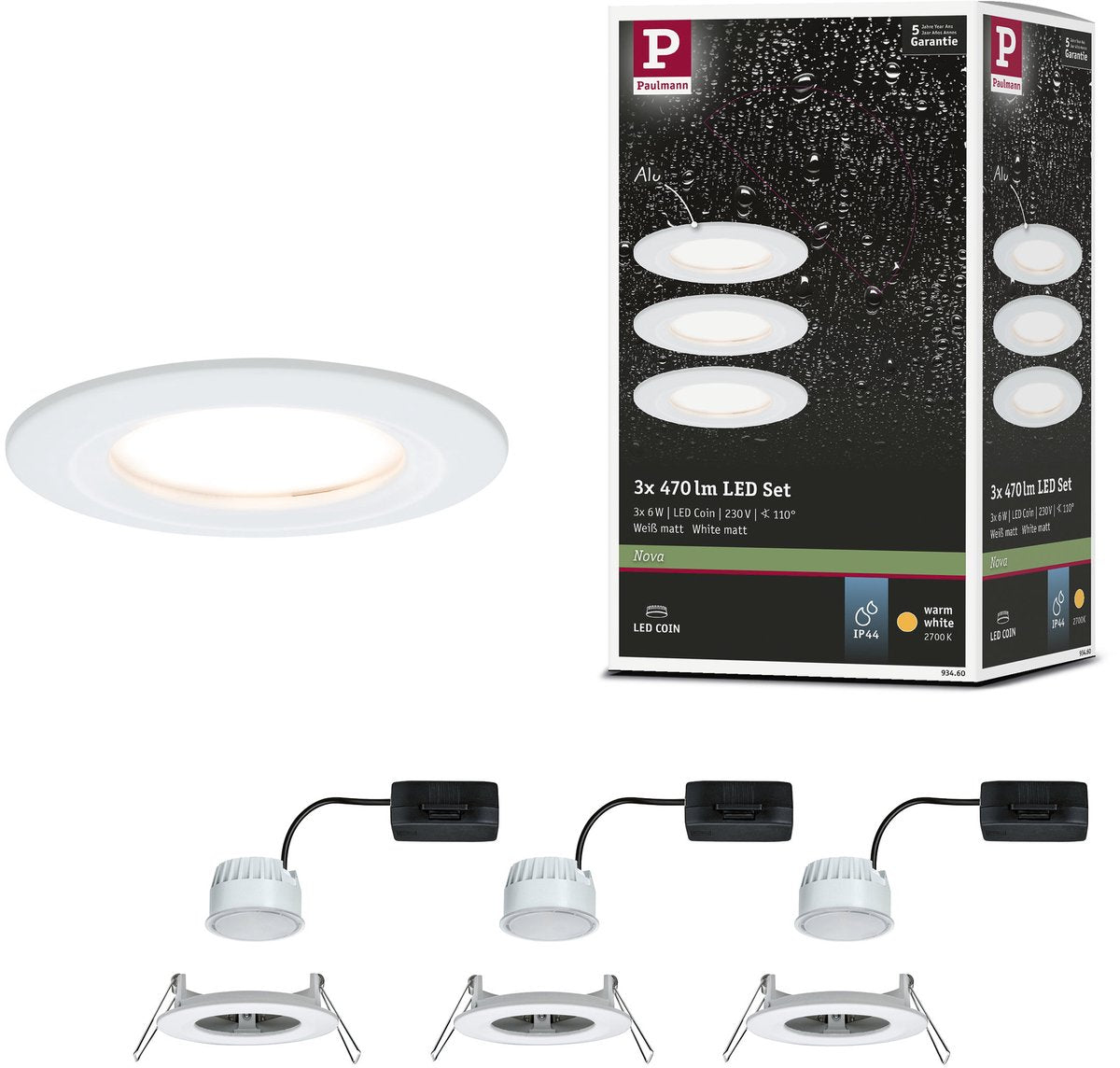 Paulmann led-inbouwlamp nova coin basisset star ip44 rond 78 mm coin 3x6w 3x470lm 230v 2700k wit mat