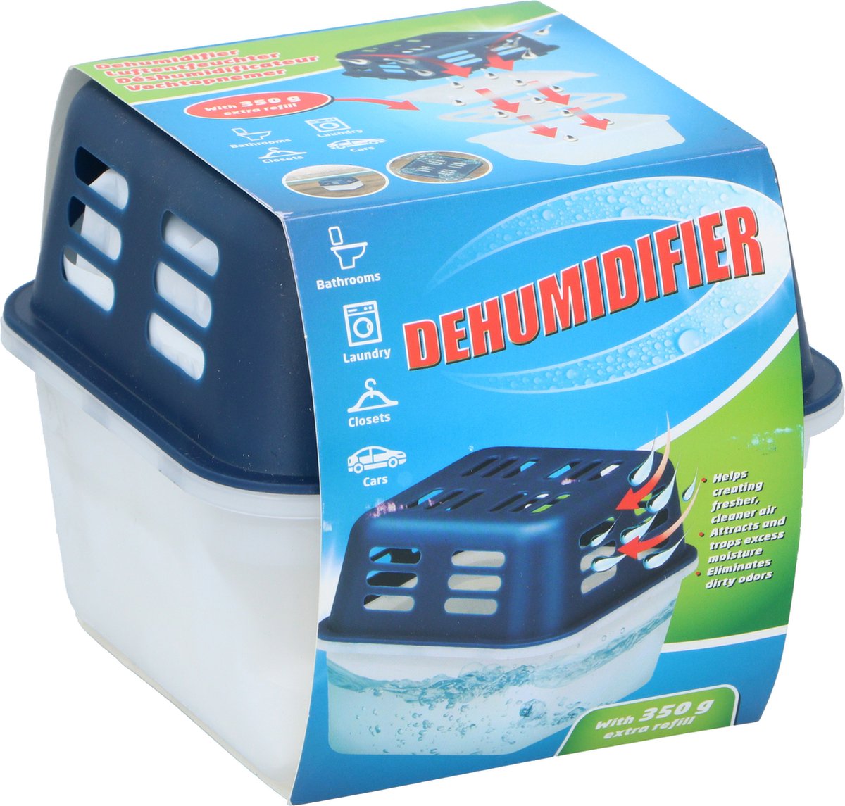 Merkloos sans marque vochtvanger 350ml - inclusief 2 x 350g korrels - condens en geuren - kelder garage camper en auto - 11 x 14 x 14 cm