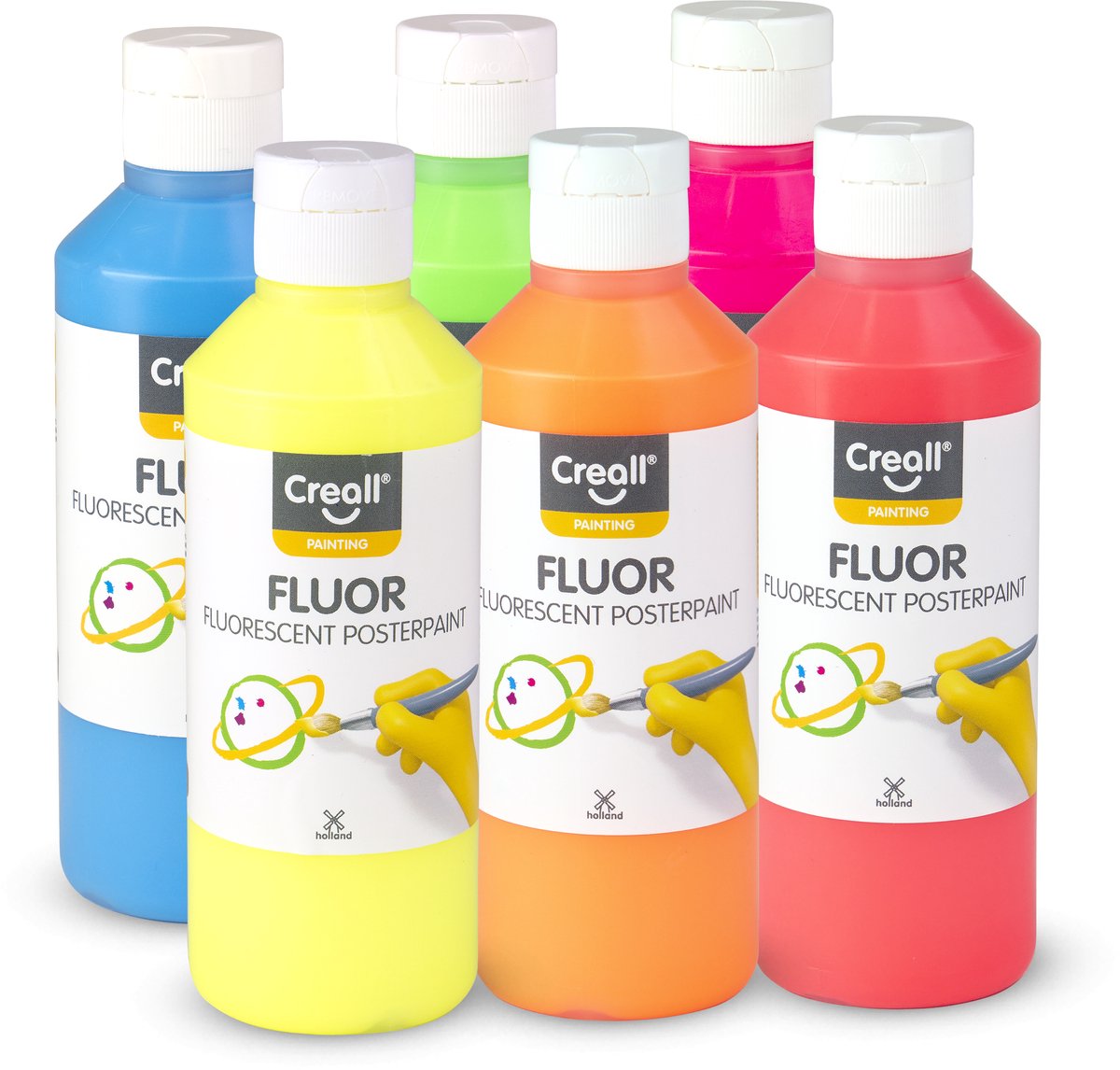 Creall plakkaatverf set - fluor - fluorescerende verf - set 6 fluo kleuren - 6x250ml - voor kinderen en creatievelingen - gemaakt in nl
