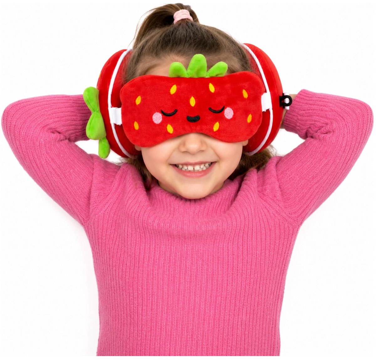 Relaxeazzz reis set - aardbei knuffel reiskussen slaapmasker - voor kinderen - in vliegtuig of auto