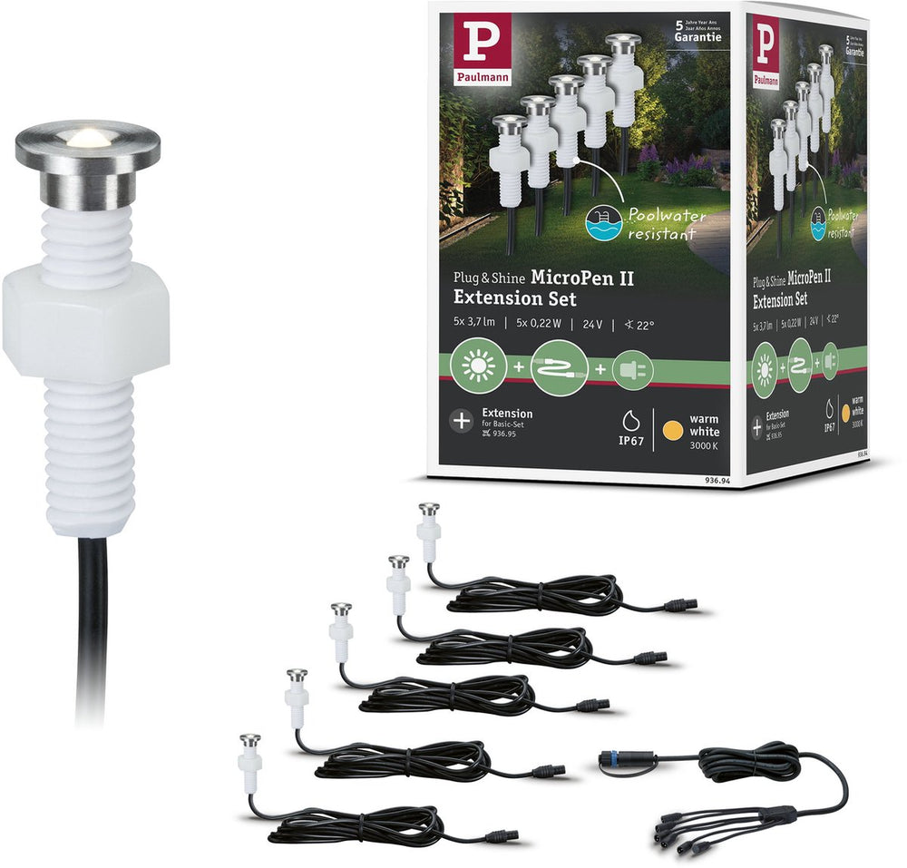 Paulmann plug shine led-grondinbouwlamp micropen ii uitbreidingsset ip67 3000k 5x0,2w zilver