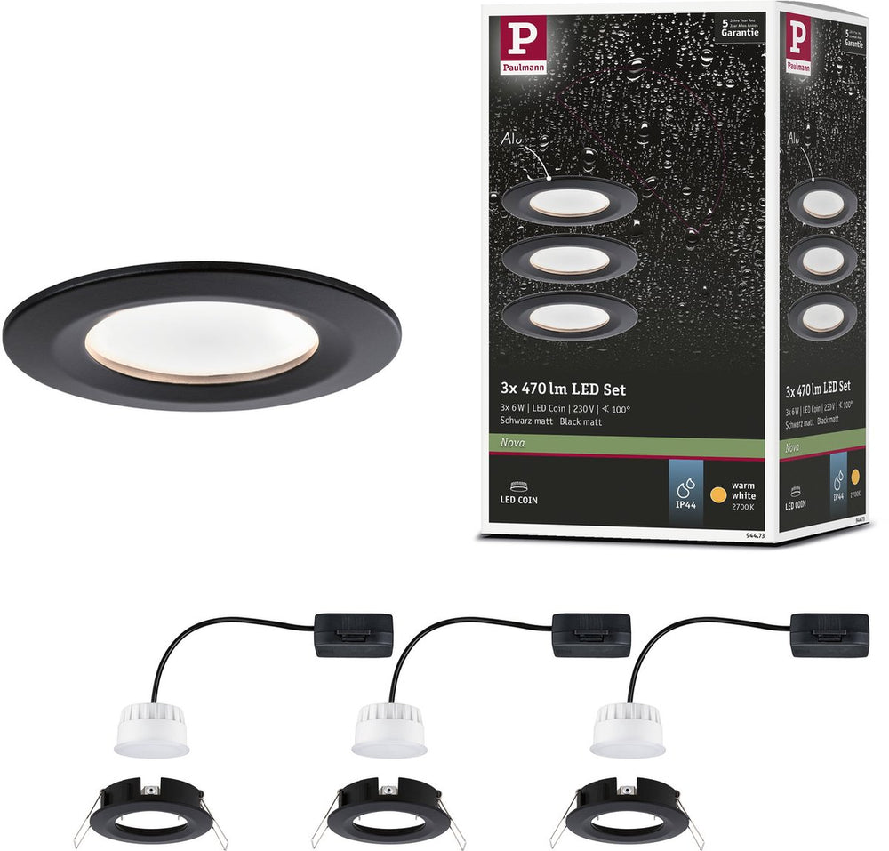 Paulmann led-inbouwlamp nova coin basisset star ip44 rond 78 mm coin 3x6w 3x470lm 230v 2700k zwart mat