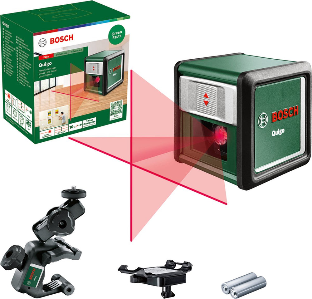Bosch quigo iii - kruislijnlaser - inclusief universele klem mm2 - adapter plaat - batterijen