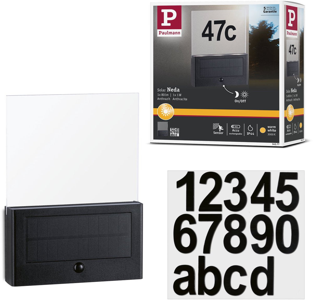 Paulmann solar led-huisnummerverlichting neda bewegingsmelder ip44 3000k 27lm antraciet