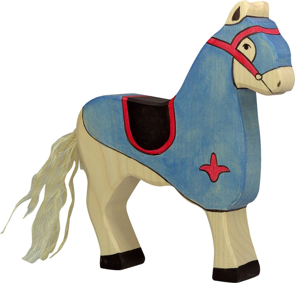 Holztiger sprookjes en ridders - wedstrijdpaard blauw - 15x3x17cm - houten figuur - handgemaakt