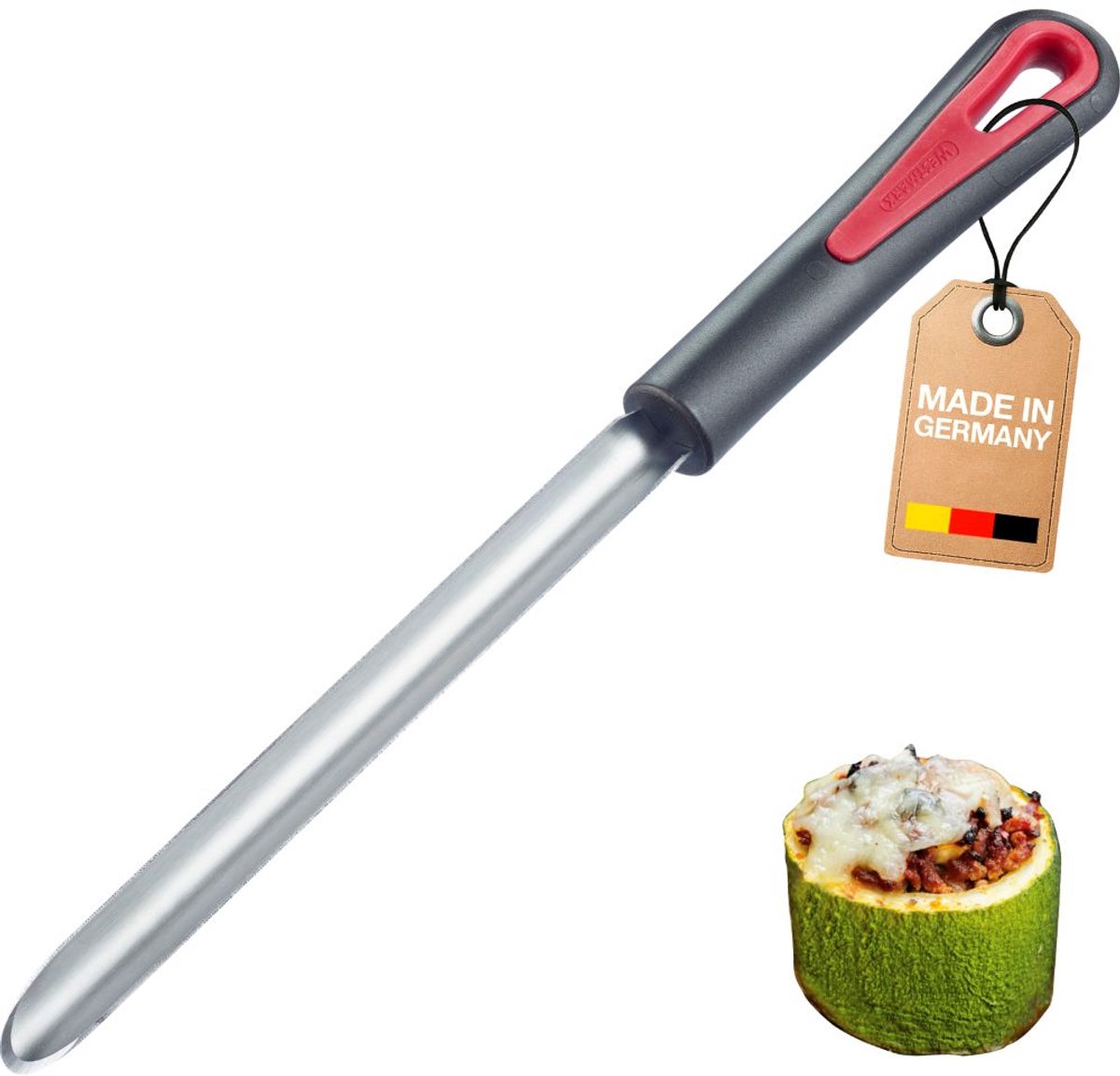 Westmark courgette-uitholler gallant – ideaal voor het uithollen van courgettes en andere groenten voor heerlijke vullingen, comfortabel soft-touch-handvat – zwart rood zilver