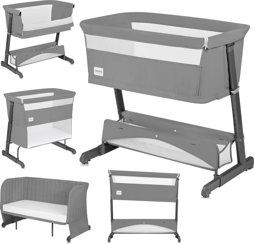 Lionelo thomi plus 5in1 - meegroeibed: co sleeper + babybed + baby box + peuterbed + bank - met 7 hoogtes - 2x matrassen t25 - verstelbare poten - ademend afritsbare zijkant - opbergmand - wielen - wasbare bekleding - tot 100 kg - peuter kinder bed