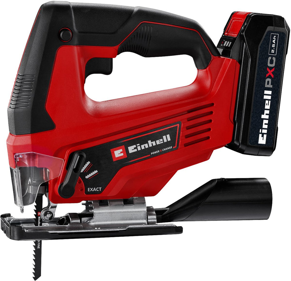 Einhell accu decoupeerzaag tc-js 18 70 li kit - power x-change - 18 v li-ion - slaghoogte: 20 mm - versteksneden: max. 45° - incl. 1 zaagblad - incl. 2.5 ah accu en 1x lader