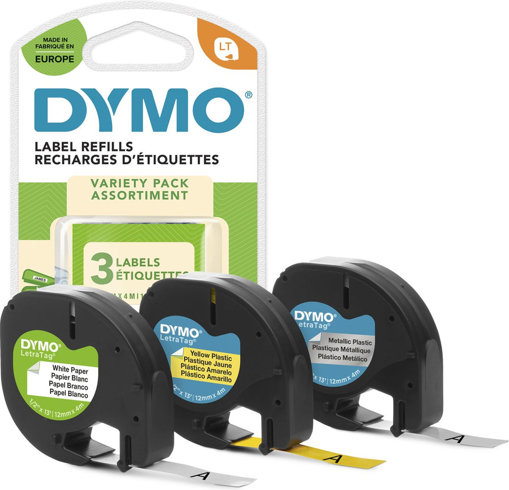 Dymo originele letratag label startpakket met papieren, plastic en metaalachtige etiketten | 12 mm x 4 m op rol | zelfklevend | 3 rollen | voor letratag labelprinters